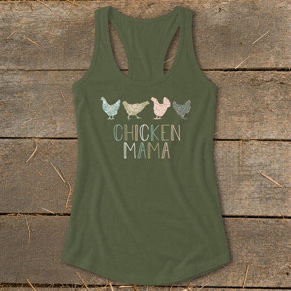 Olive green tank top with four floral chickens and "CHICKEN MAMA" text.