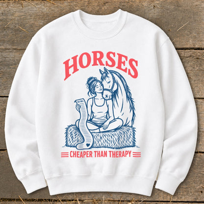 Graphic of a woman with a horse, holding a vet bill, with text: Horses. Cheaper Than Therapy.