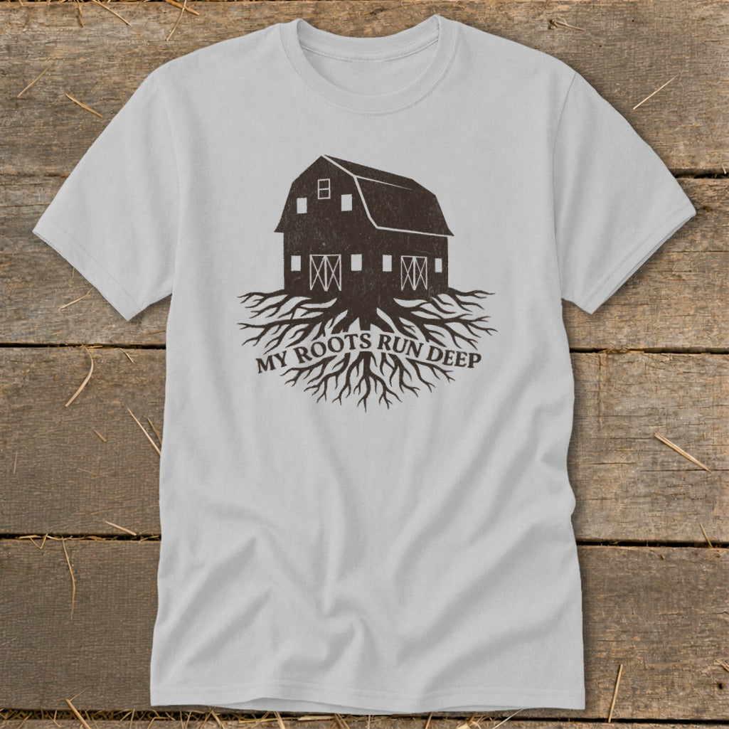 Light grey t-shirt with dark brown barn and root graphic and text.