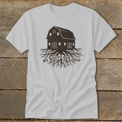 Light grey t-shirt with dark brown barn and root graphic and text.