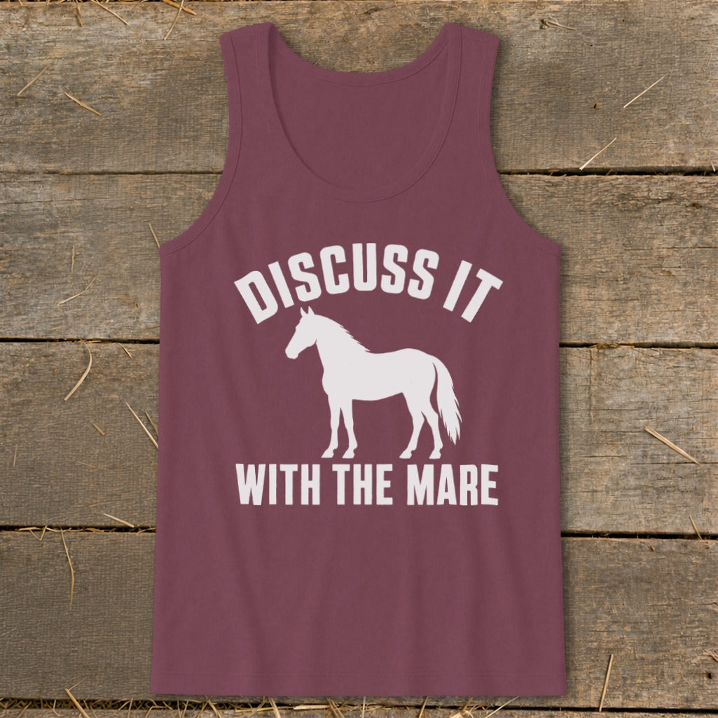 Maroon tank top with white text "DISCUSS IT" above a white horse silhouette and "WITH THE MARE".