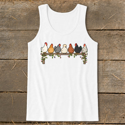White tank top featuring an illustration of seven colorful chickens sitting on a flower-adorned wooden fence.