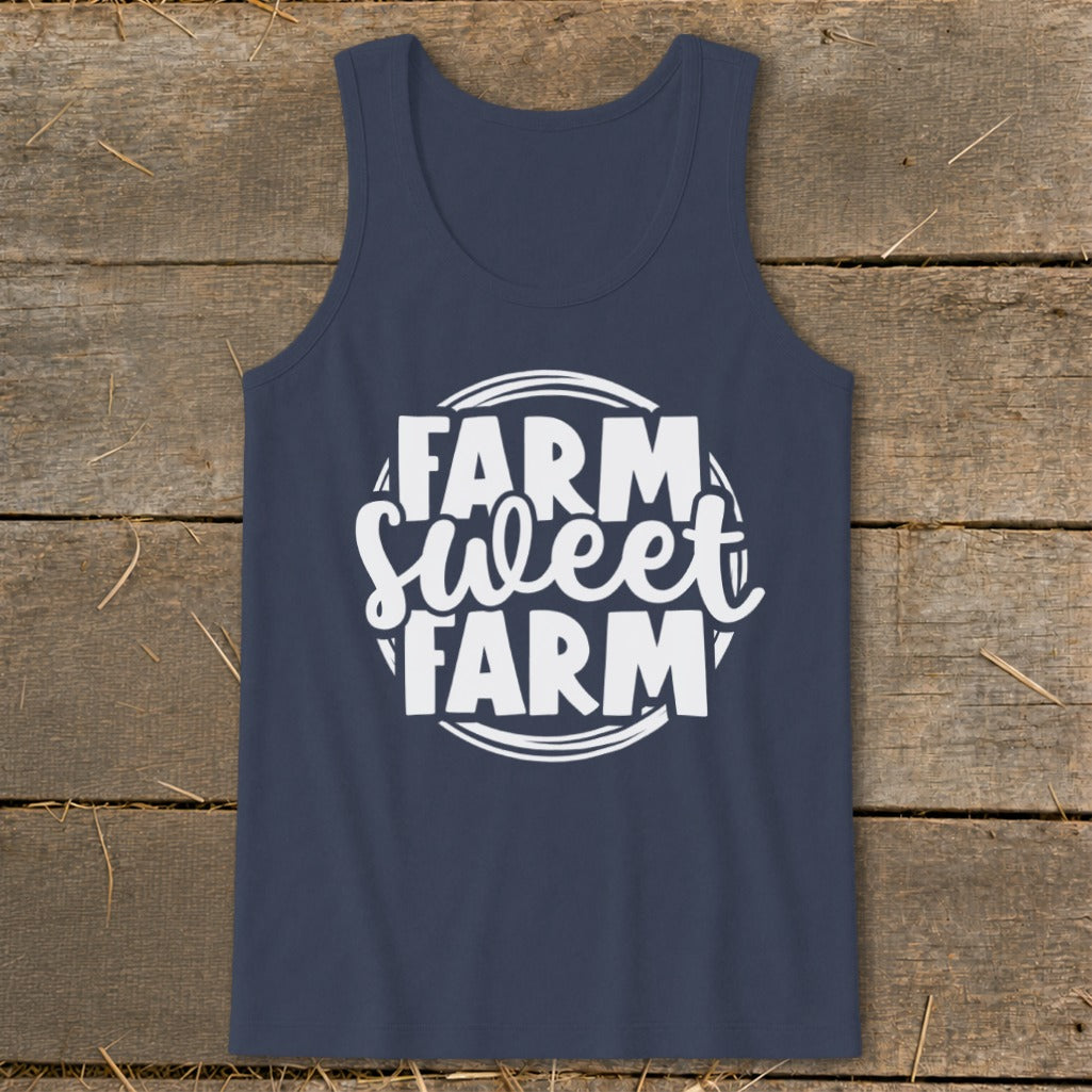 Navy tank top with white text that reads "Farm Sweet Farm" in a circular design.