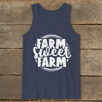 Navy tank top with white text that reads "Farm Sweet Farm" in a circular design.