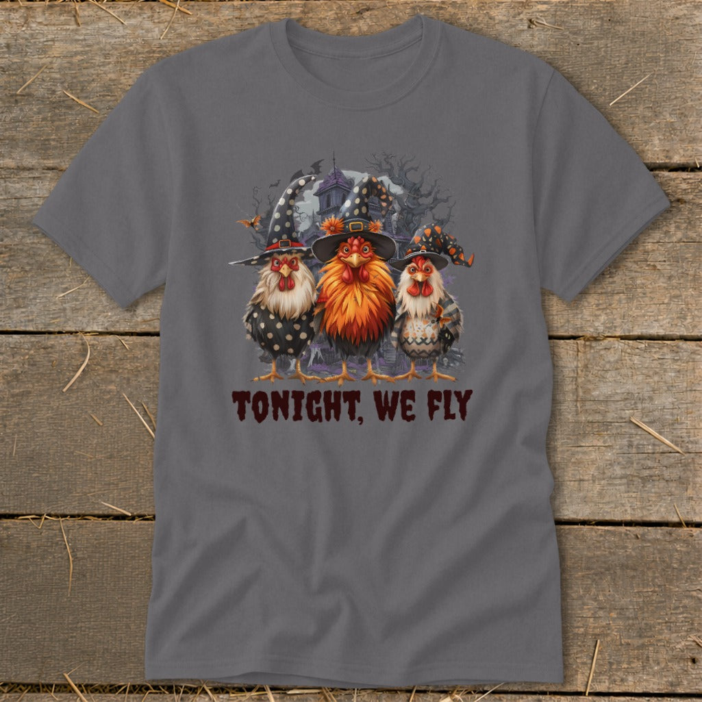 Three chickens in witch hats with "Tonight, We Fly" text on a gray t-shirt.