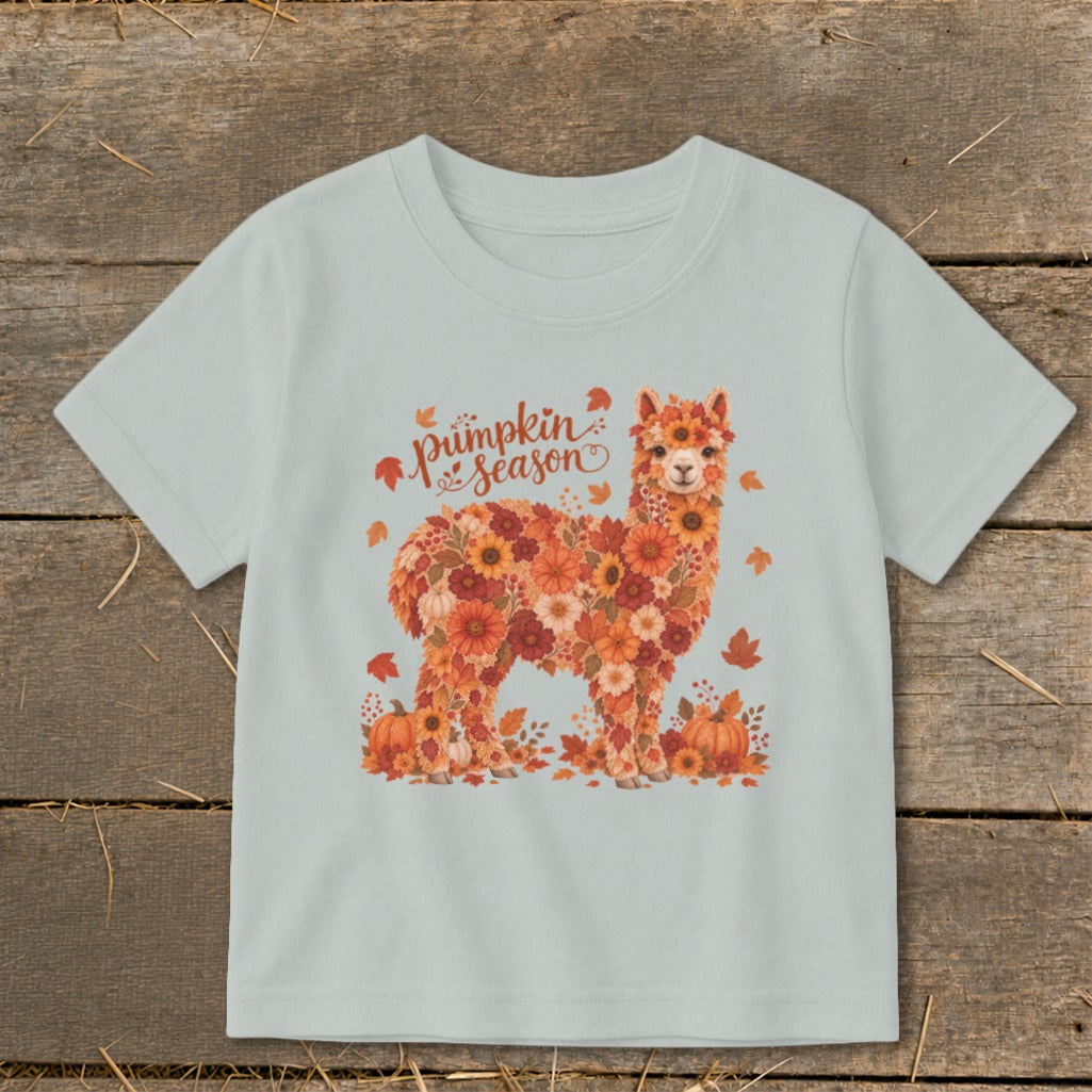 Light blue t-shirt with floral alpaca graphic and "pumpkin season" text.