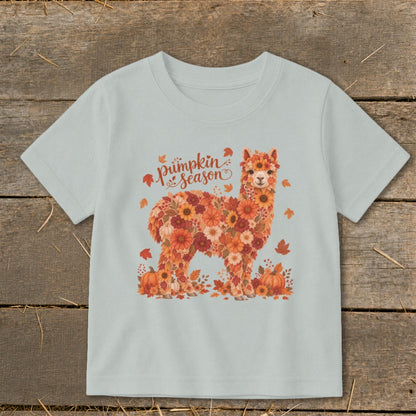 Light blue t-shirt with floral alpaca graphic and "pumpkin season" text.