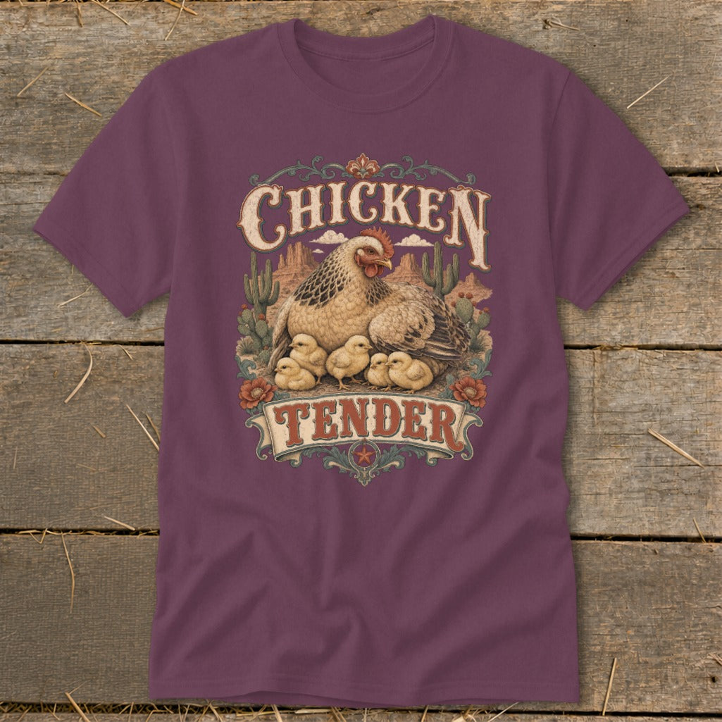 T-shirt with "Chicken Tender" text featuring hen and chicks in a desert scene.