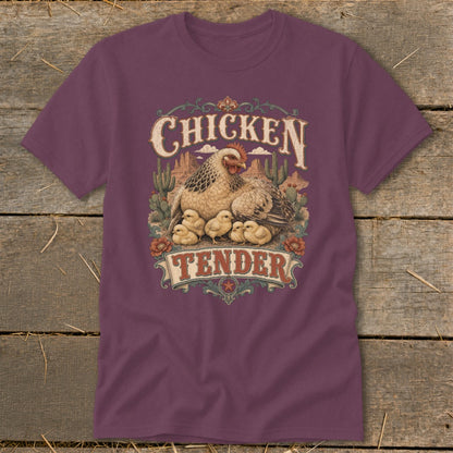 T-shirt with "Chicken Tender" text featuring hen and chicks in a desert scene.