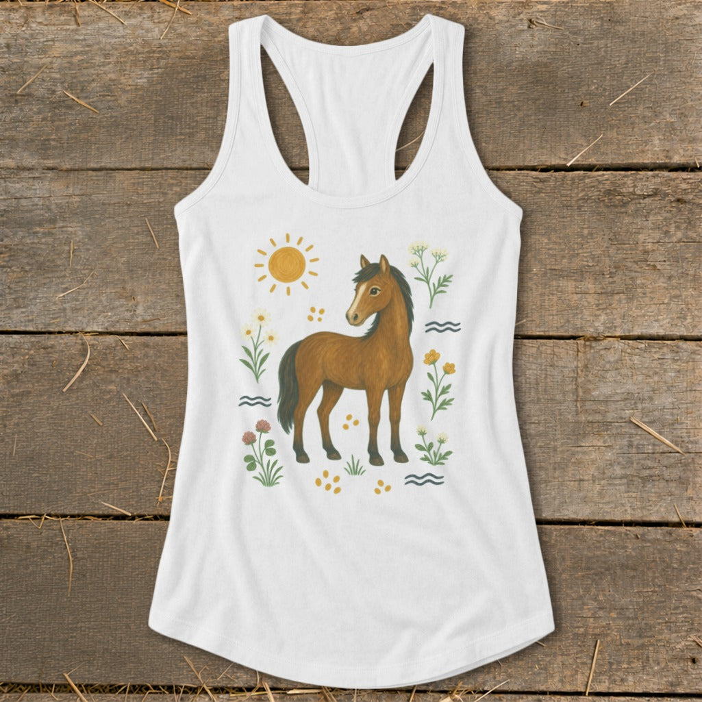 White tank top featuring a brown horse surrounded by wildflowers and a sun.