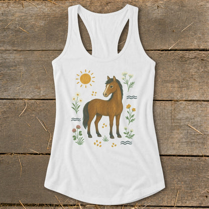 White tank top featuring a brown horse surrounded by wildflowers and a sun.