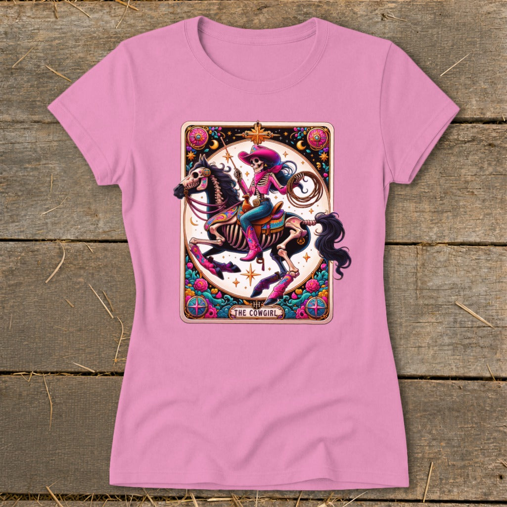 Skeleton cowgirl on a horse, holding a lasso, with text "The Cowgirl".