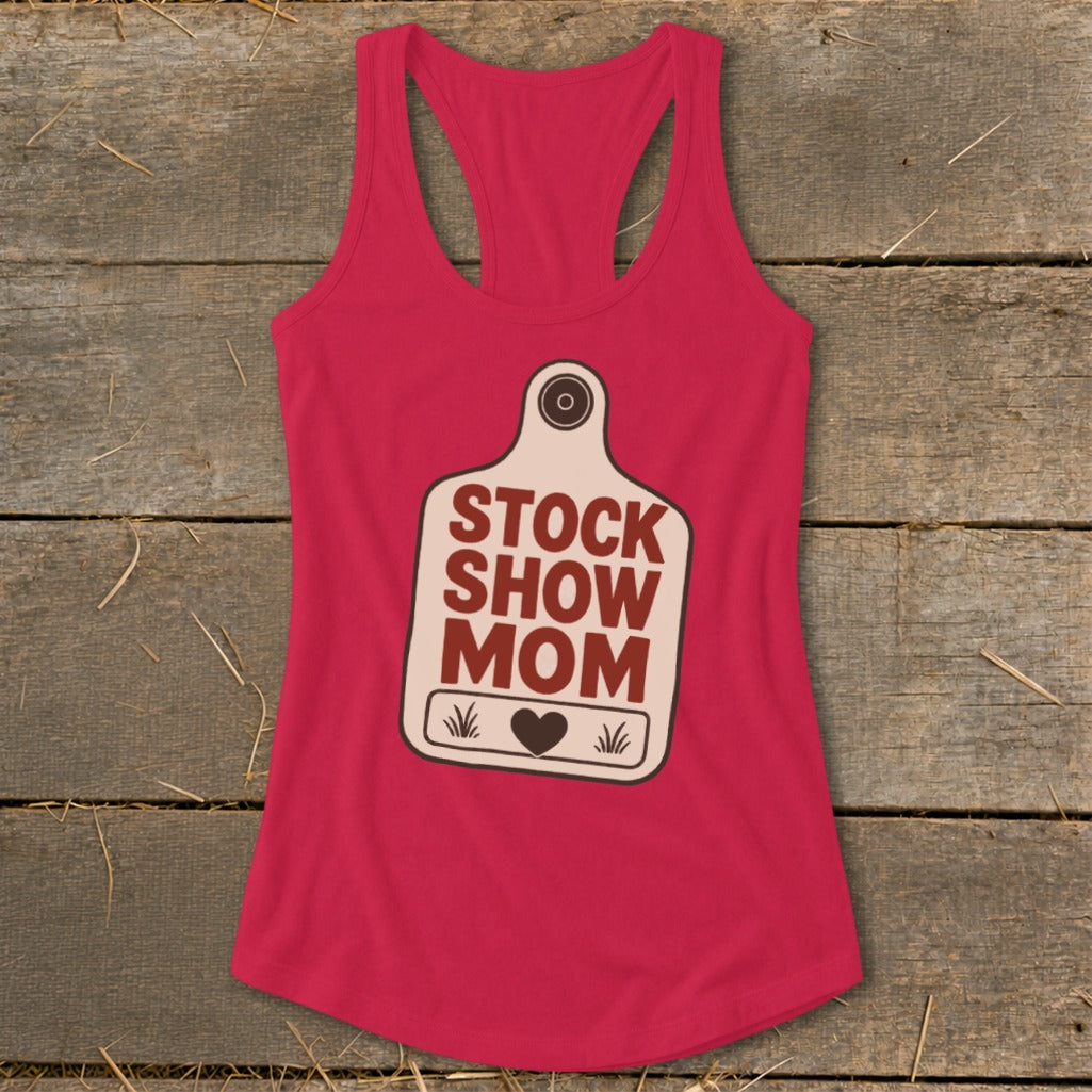 Red tank top with "Stock Show Mom" and heart graphic on a tag.