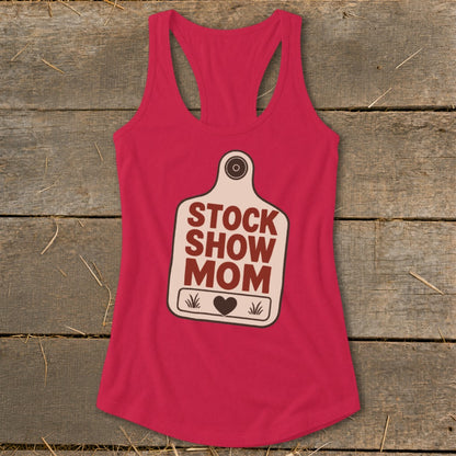 Red tank top with "Stock Show Mom" and heart graphic on a tag.