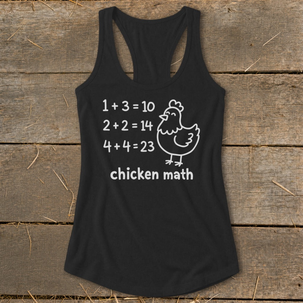 Black tank top with humorous chicken math equations and a cartoon chicken.