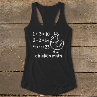 Black tank top with humorous chicken math equations and a cartoon chicken.
