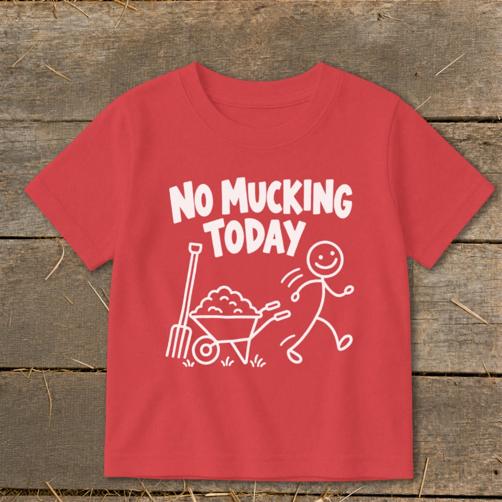 Red t-shirt with white text and cartoon image of a stick figure running from a wheelbarrow and pitchfork.