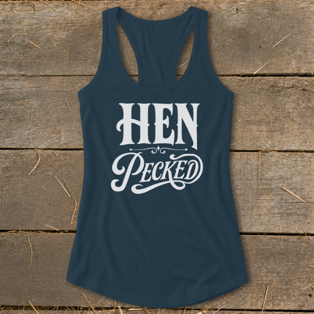 Navy tank top with white text reading "HEN Pecked".