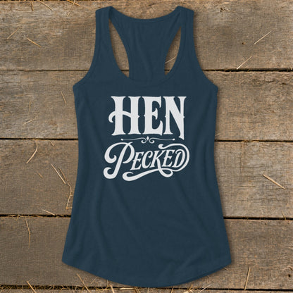 Navy tank top with white text reading "HEN Pecked".
