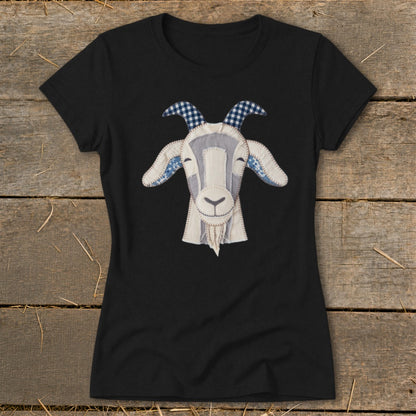 Black t-shirt with a patchwork goat face graphic with blue gingham horns and ears.
