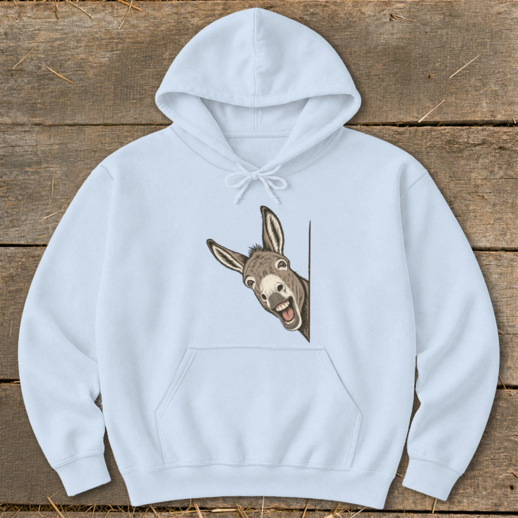 Light blue hoodie with a cartoon donkey peeking from the side.