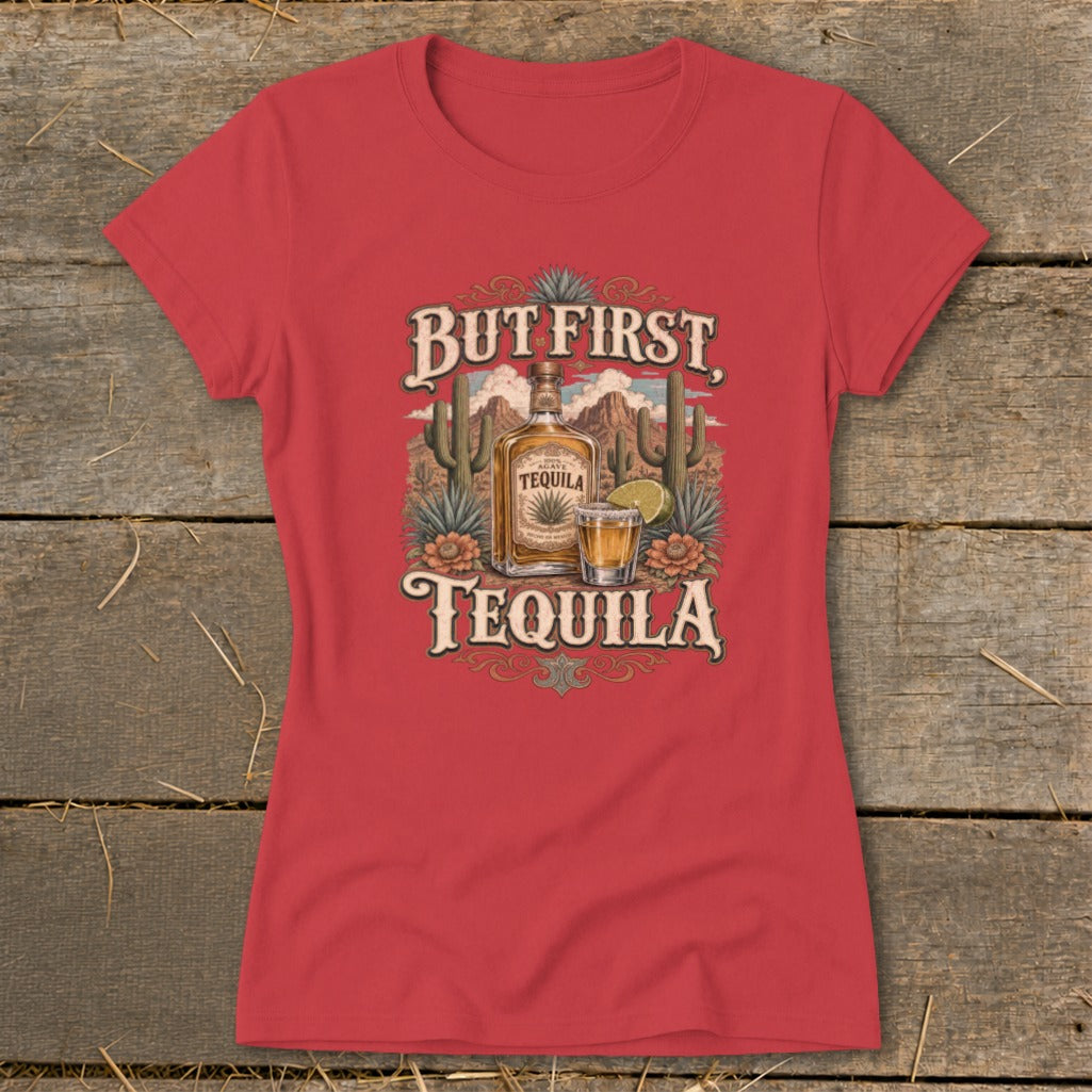Red t-shirt with desert scene and "But First, Tequila" text.