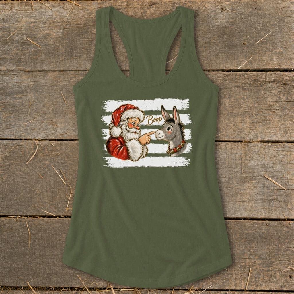 Santa booping a donkey with "Boop" text on a green tank top.