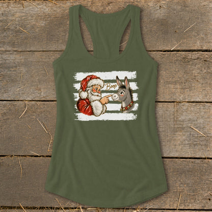 Santa booping a donkey with "Boop" text on a green tank top.