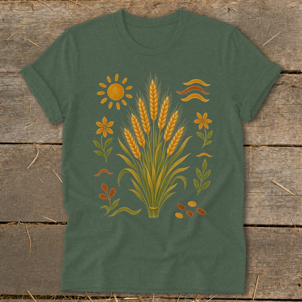 Green t-shirt with a central wheat stalk design surrounded by sun and flowers.