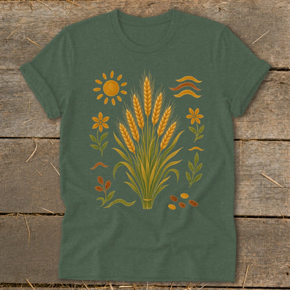 Green t-shirt with a central wheat stalk design surrounded by sun and flowers.