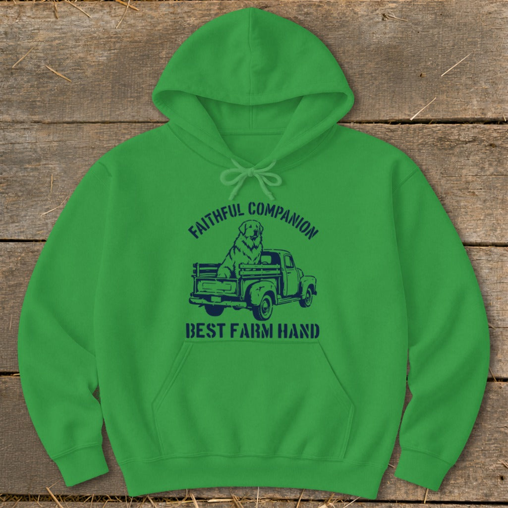 Green hoodie with navy blue graphic of dog in truck, "Faithful Companion, Best Farm Hand"