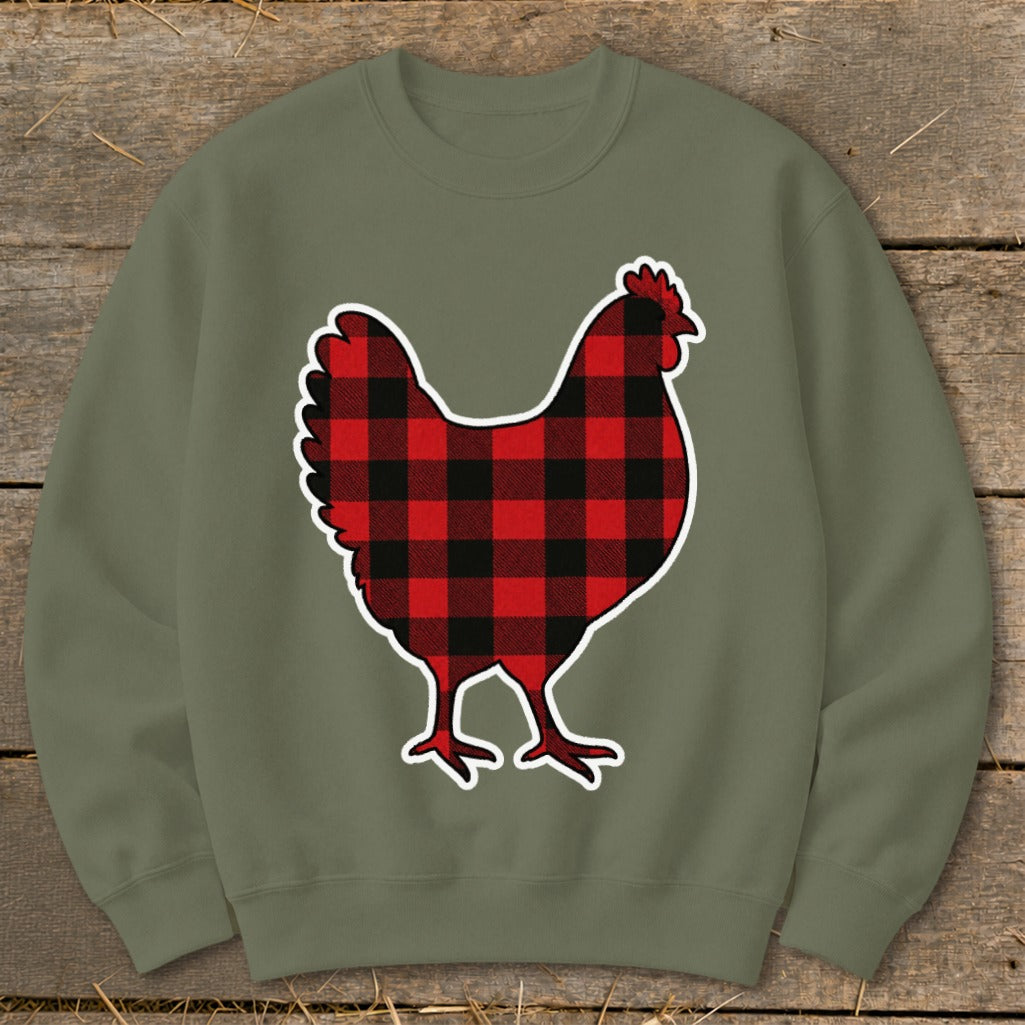 Green crewneck sweatshirt with a red and black buffalo plaid chicken graphic.