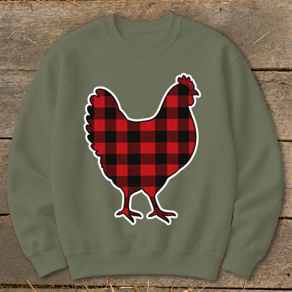 Green crewneck sweatshirt with a red and black buffalo plaid chicken graphic.