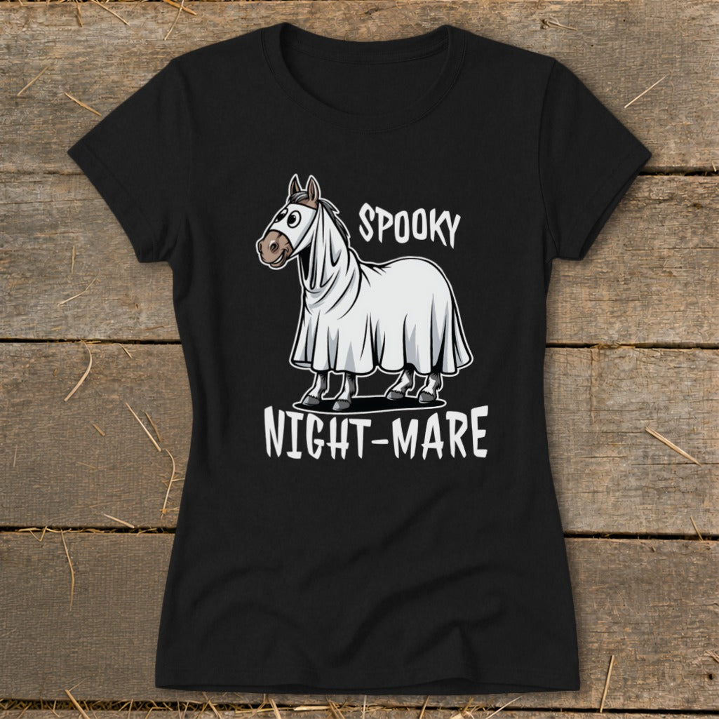 Black t-shirt with a horse dressed as a ghost, saying "Spooky Night-Mare".