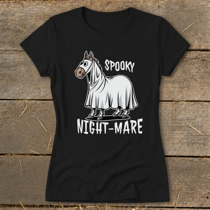 Black t-shirt with a horse dressed as a ghost, saying "Spooky Night-Mare".