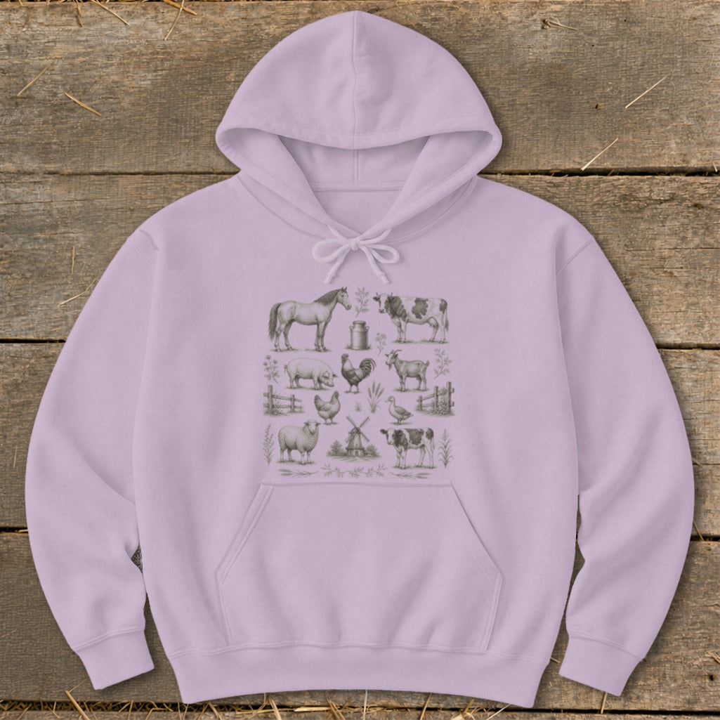 Light purple hoodie with a central graphic of farm animals in a grid layout.