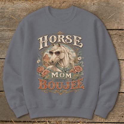 Horse Mom But Boujee graphic on gray crewneck sweatshirt