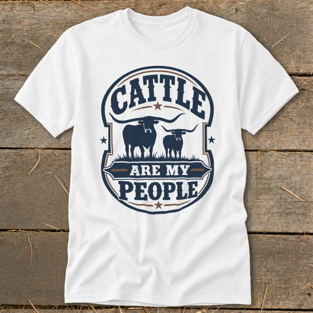 White t-shirt with a circular graphic of two cattle and the text "CATTLE ARE MY PEOPLE".