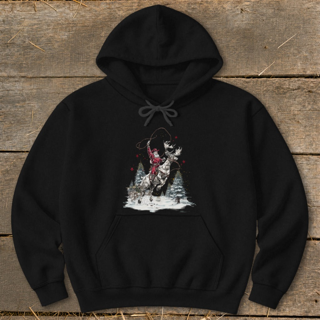 Black hoodie with Christmas graphic of Santa riding a moose with lasso.