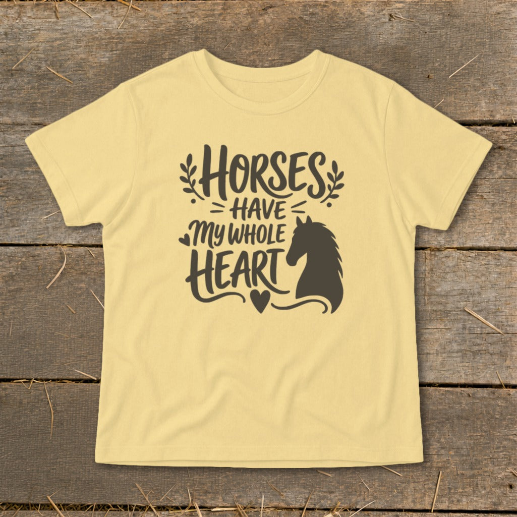 Yellow t-shirt with "Horses have my whole heart" text and horse silhouette.