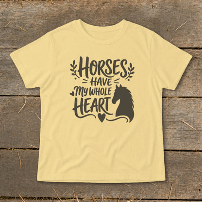 Yellow t-shirt with "Horses have my whole heart" text and horse silhouette.
