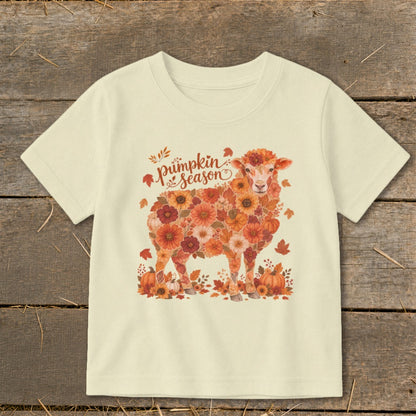 Cream t-shirt with floral sheep graphic and "pumpkin season" text.