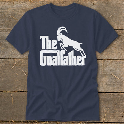 Navy t-shirt with white text "The Goatfather" and a leaping goat graphic.