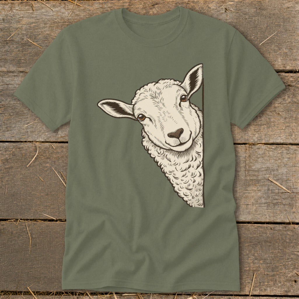 Sheep peeking from the side with textured wool pattern on a green t-shirt.