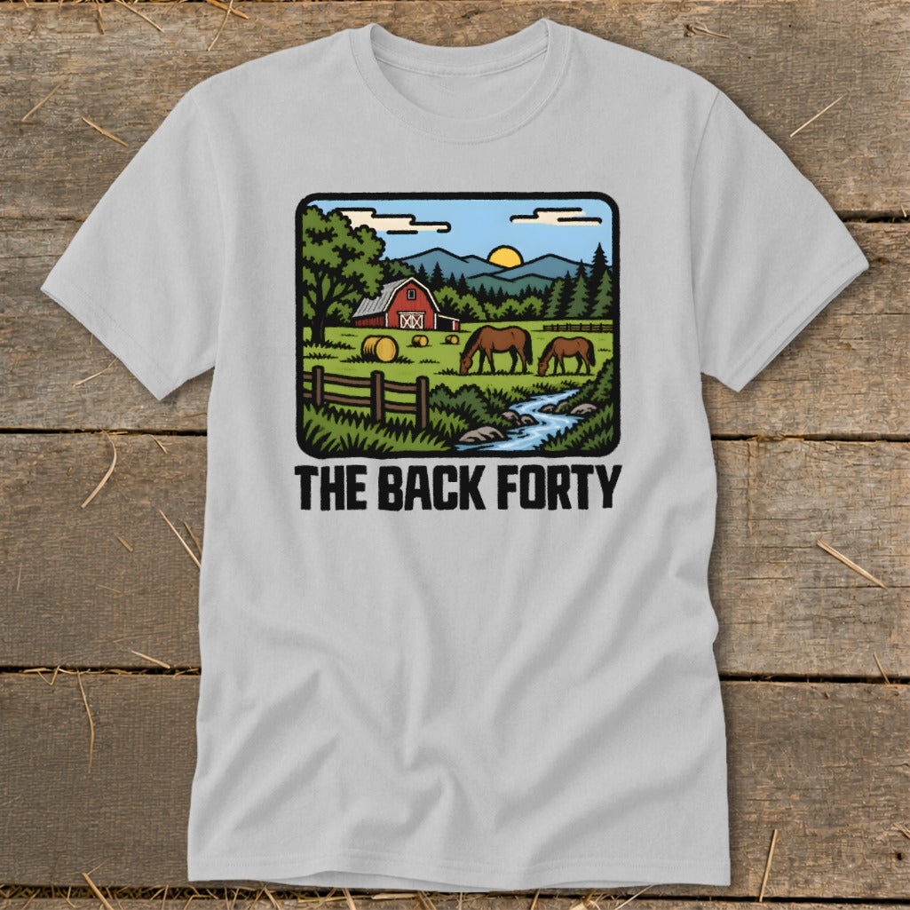 Light gray short-sleeve t-shirt with a countryside graphic and the text "THE BACK FORTY".