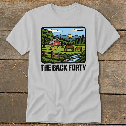Light gray short-sleeve t-shirt with a countryside graphic and the text "THE BACK FORTY".