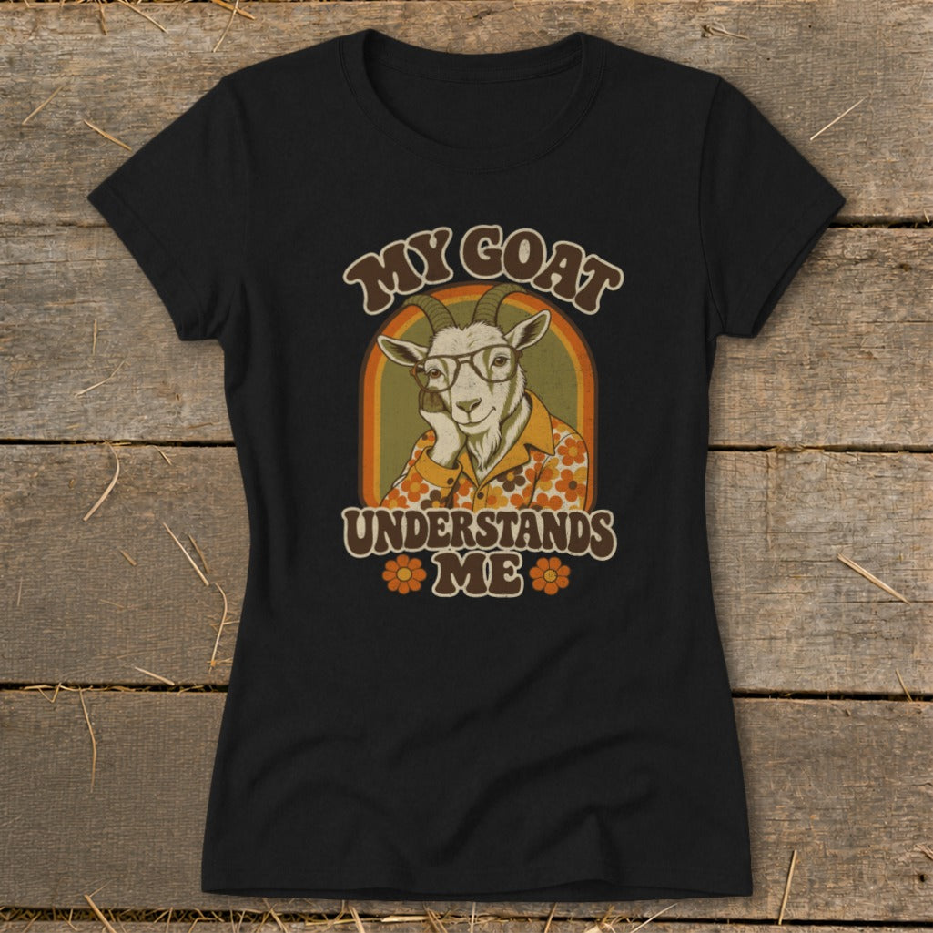 Black t-shirt with retro graphic of a goat wearing glasses and shirt.