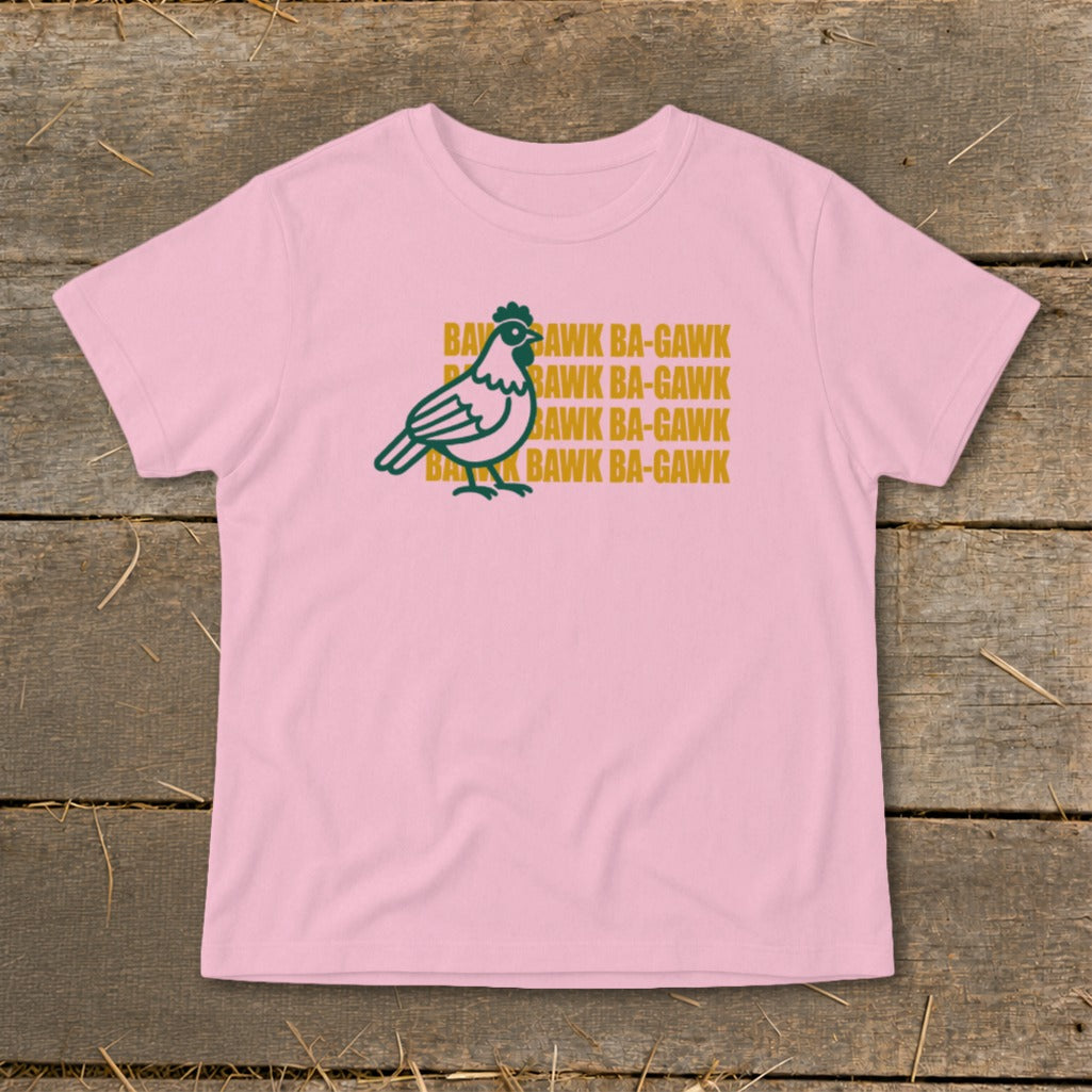 Pink t-shirt with a green chicken graphic and repeated text "Bawk Ba-Gawk".