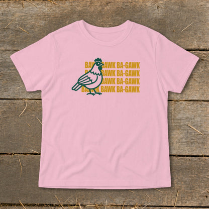 Pink t-shirt with a green chicken graphic and repeated text "Bawk Ba-Gawk".