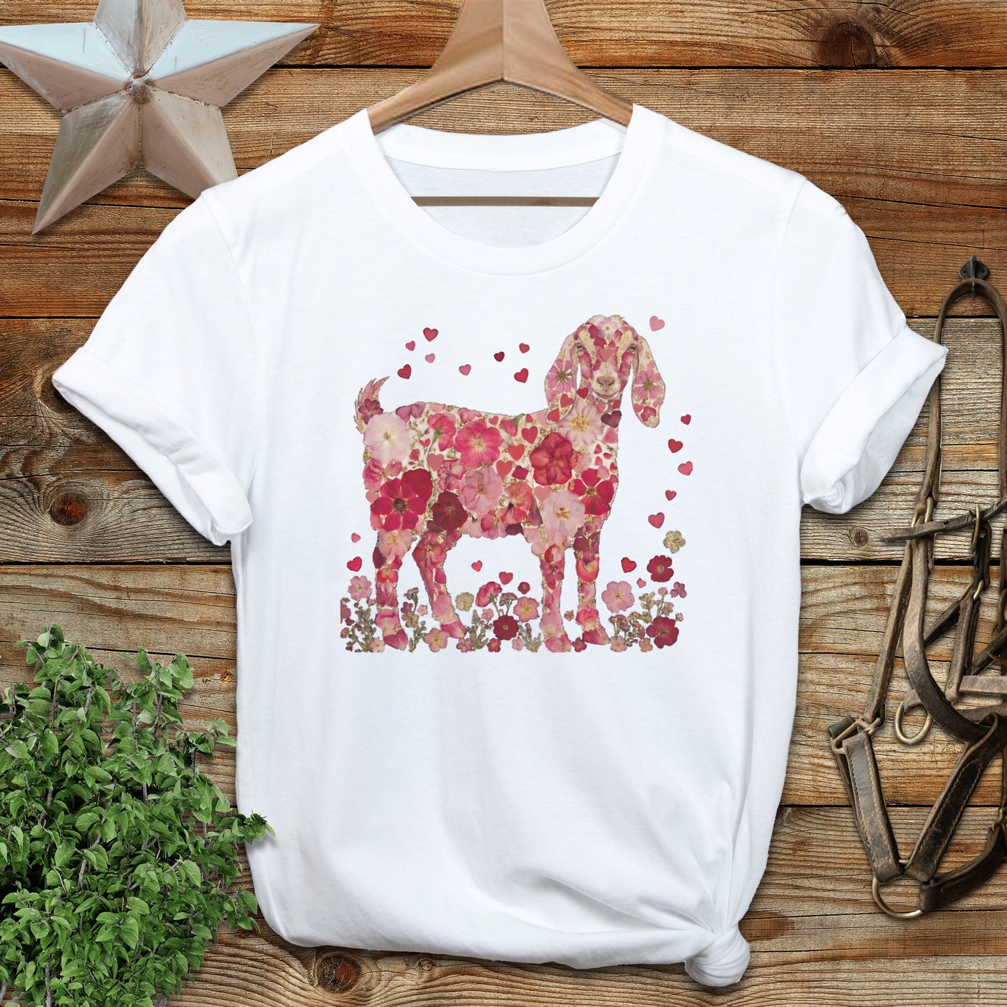 Floral Goat with Hearts Graphic T-Shirt